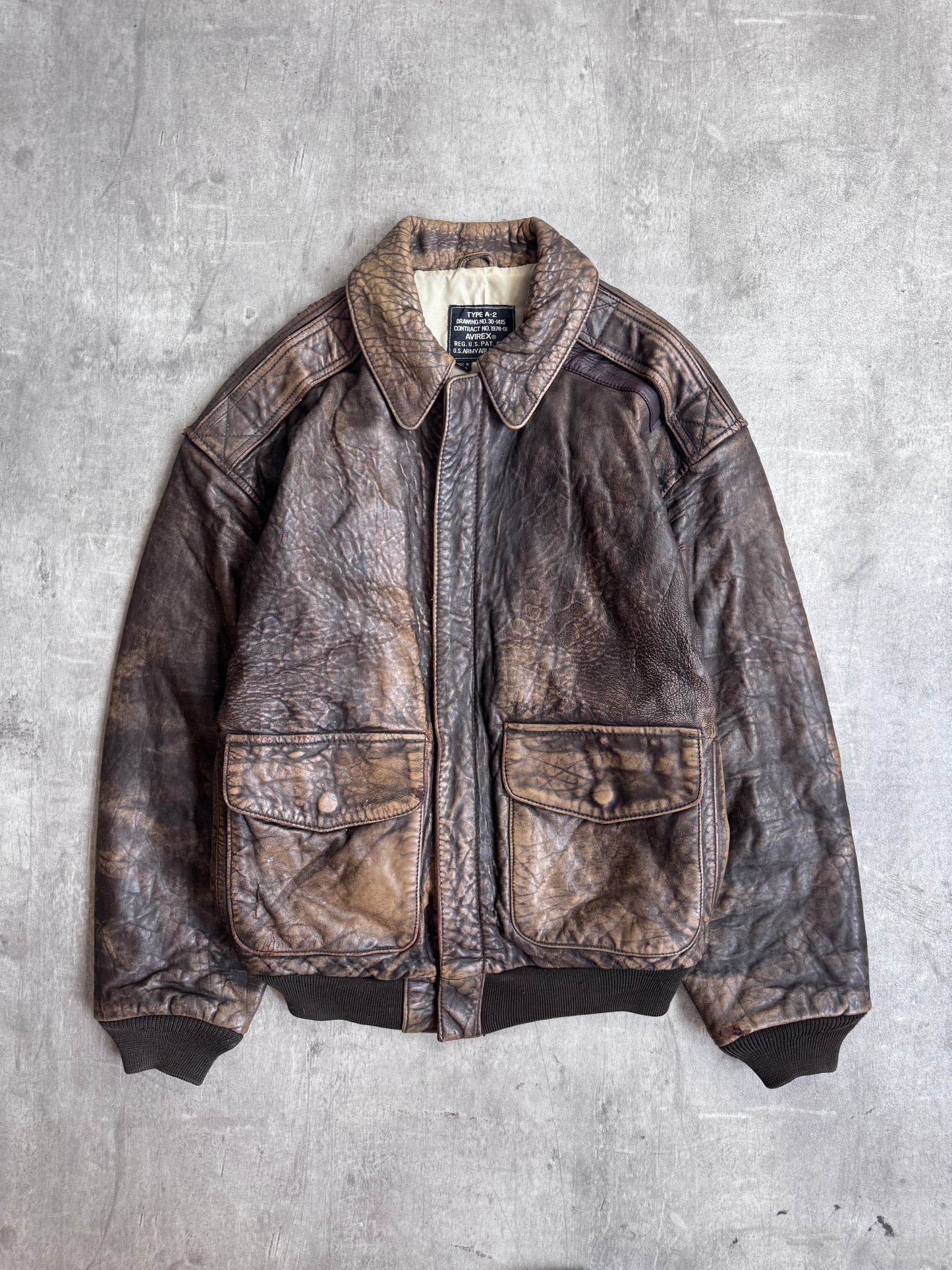 1990's Avirex A-2 Distressed Brown Leather Flight Jacket