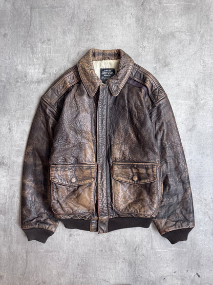 1990's Avirex A-2 Distressed Brown Leather Flight Jacket