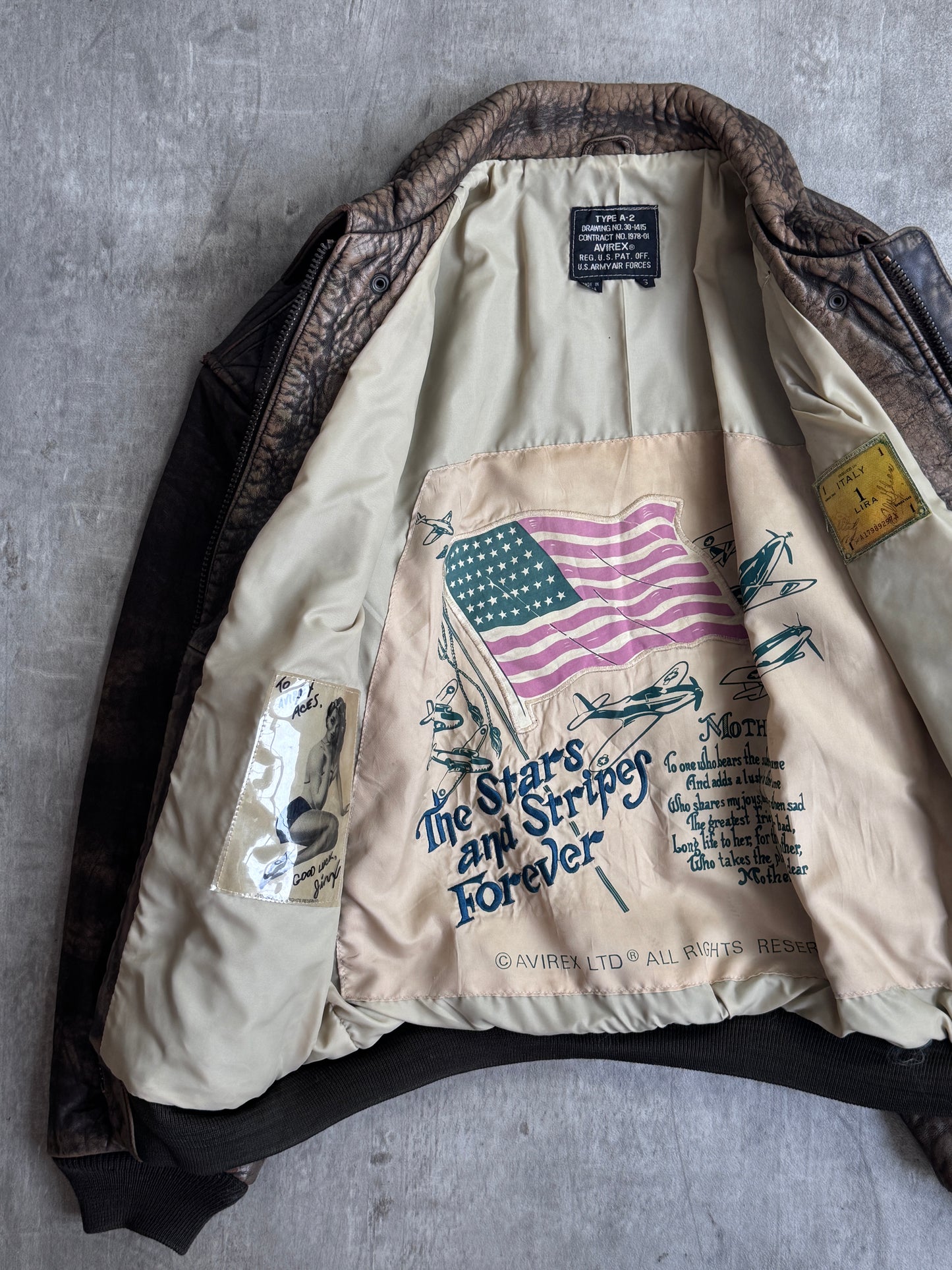 1990's Avirex A-2 Distressed Brown Leather Flight Jacket