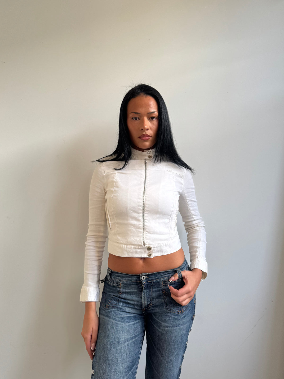 1990's Fendi Jeans White Cropped Moto Jacket