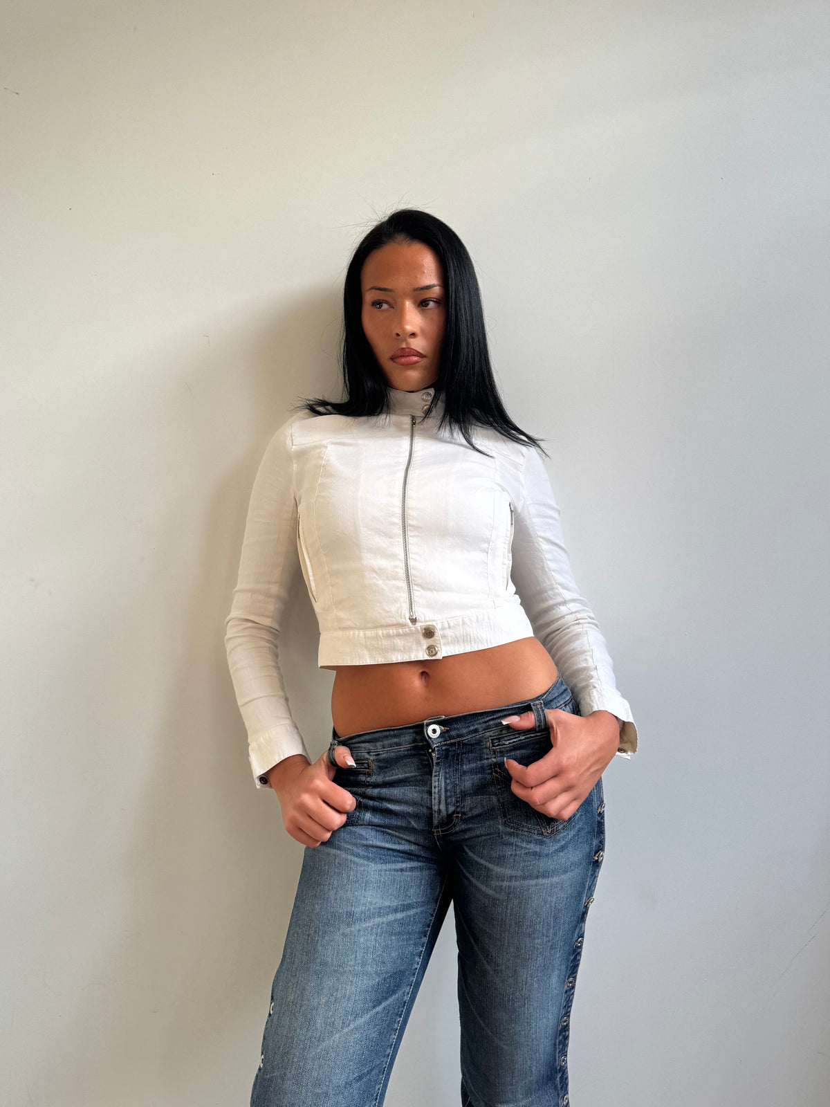 1990's Fendi Jeans White Cropped Moto Jacket