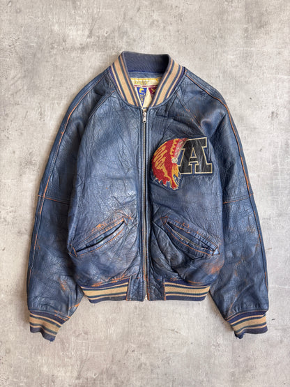 1980's Avirex Varsity Tomahawks Emboidered Blue Leather Bomber