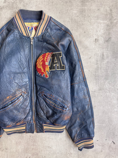 1980's Avirex Varsity Tomahawks Emboidered Blue Leather Bomber