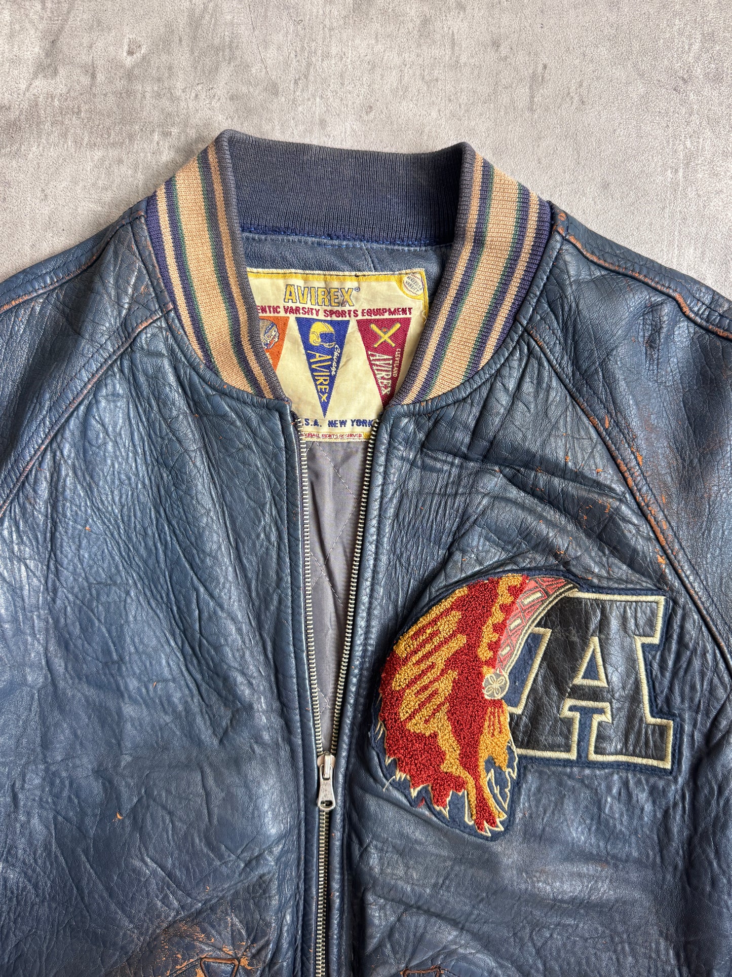 1980's Avirex Varsity Tomahawks Emboidered Blue Leather Bomber