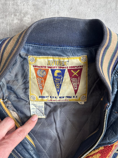 1980's Avirex Varsity Tomahawks Emboidered Blue Leather Bomber