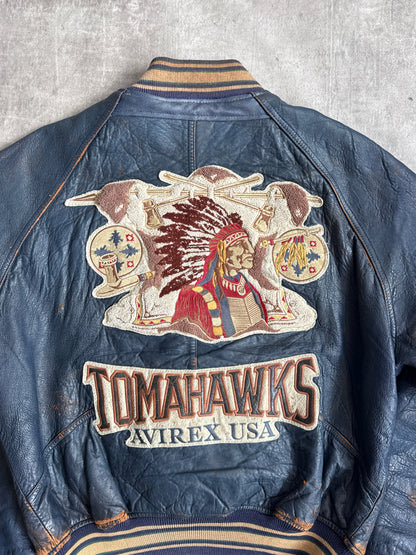 1980's Avirex Varsity Tomahawks Emboidered Blue Leather Bomber