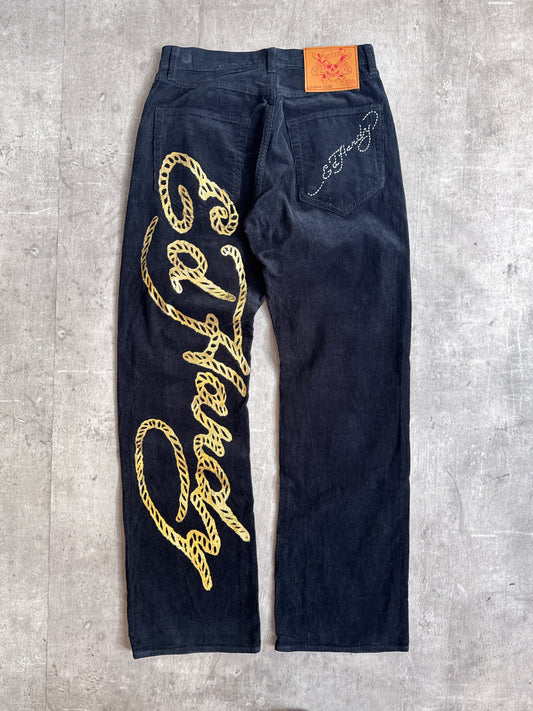 Ed Hardy Black Gold Foil Graphic Corduroy Trousers