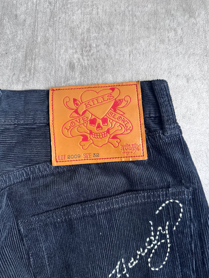 Ed Hardy Black Gold Foil Graphic Corduroy Trousers