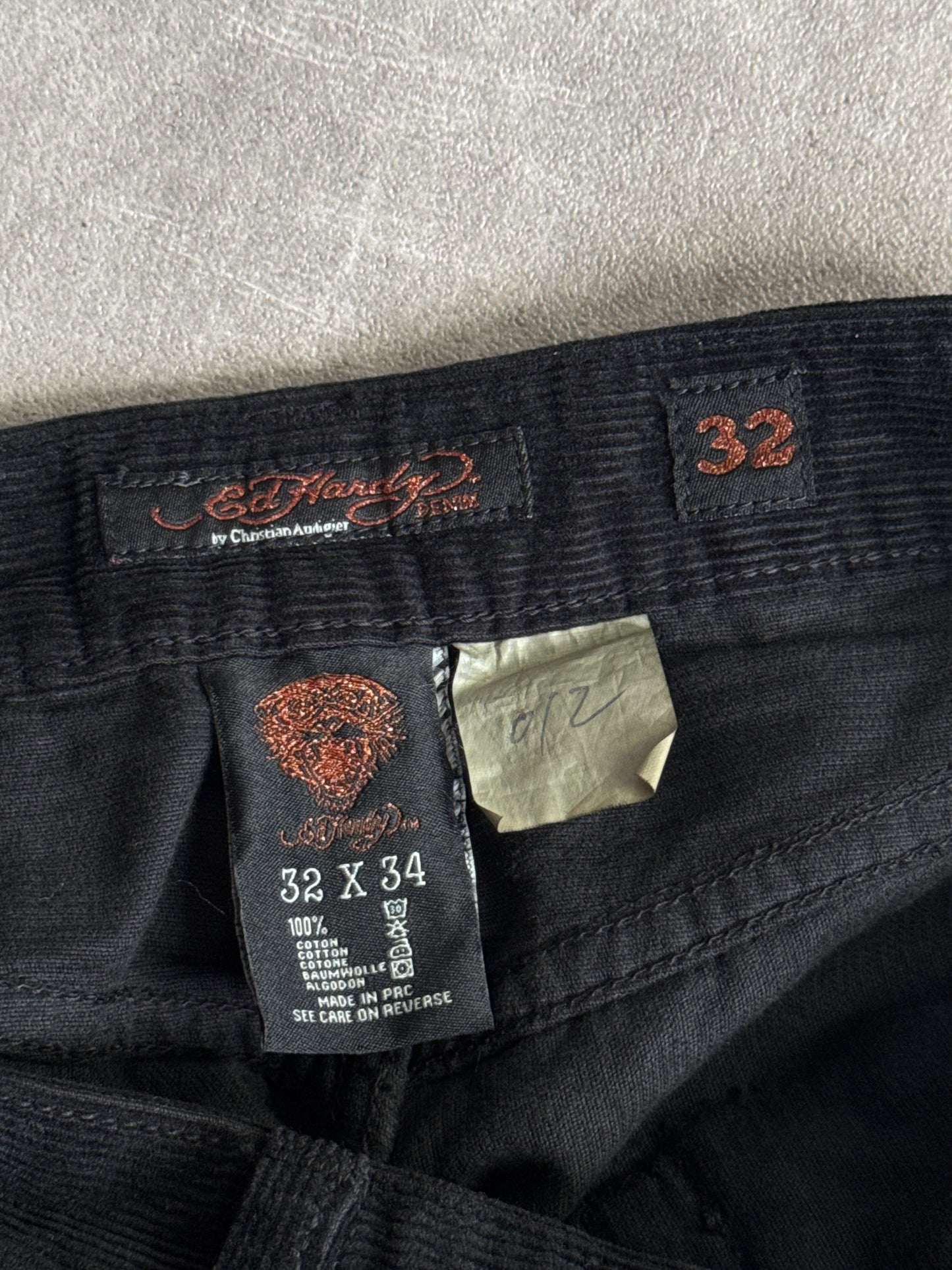 Ed Hardy Black Gold Foil Graphic Corduroy Trousers