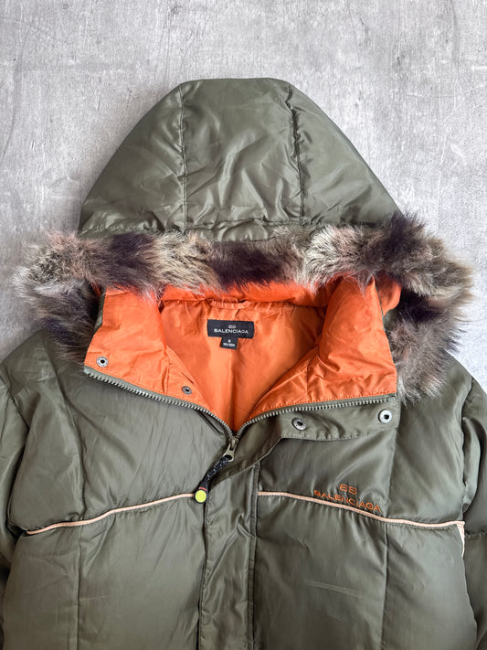 Balenciaga Khaki Green Fur Trim Down Puffer Jacket