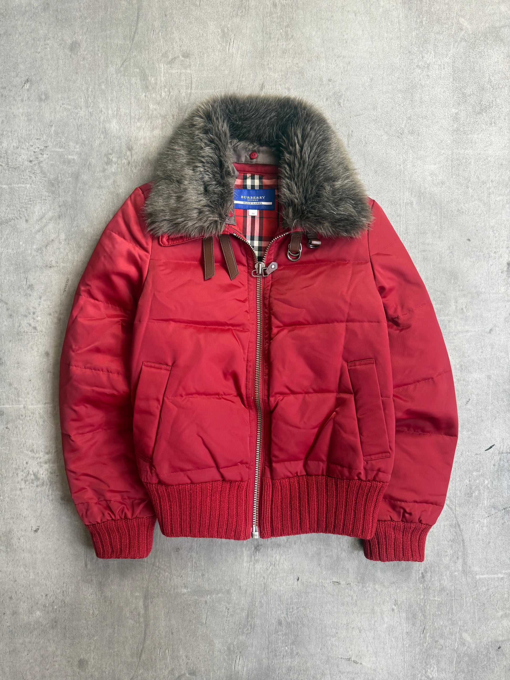 Burberry Blue Label Fur Collar Red Quilted Jacket Cropped – Vintage