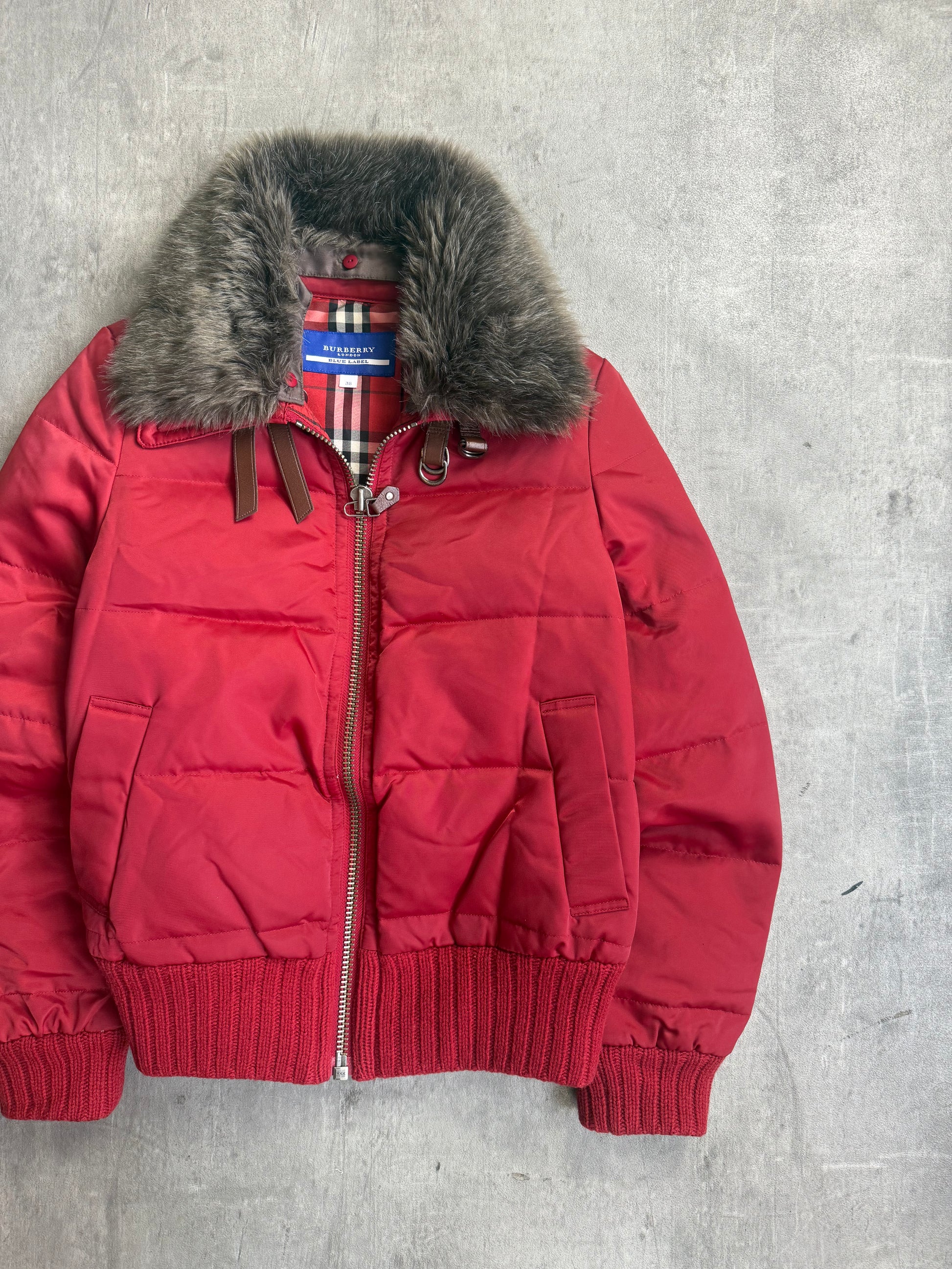 Burberry Blue Label Fur Collar Red Quilted Jacket Cropped – Vintage