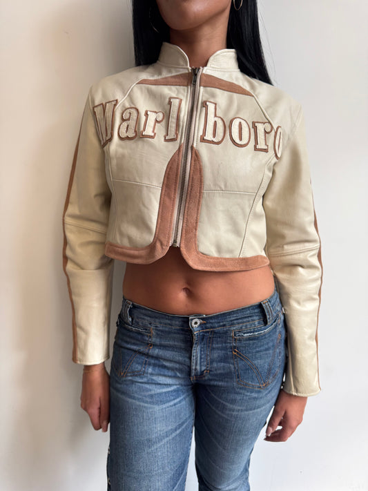 VT Rework: Cropped Marlboro Beige Leather Stripe Jacket