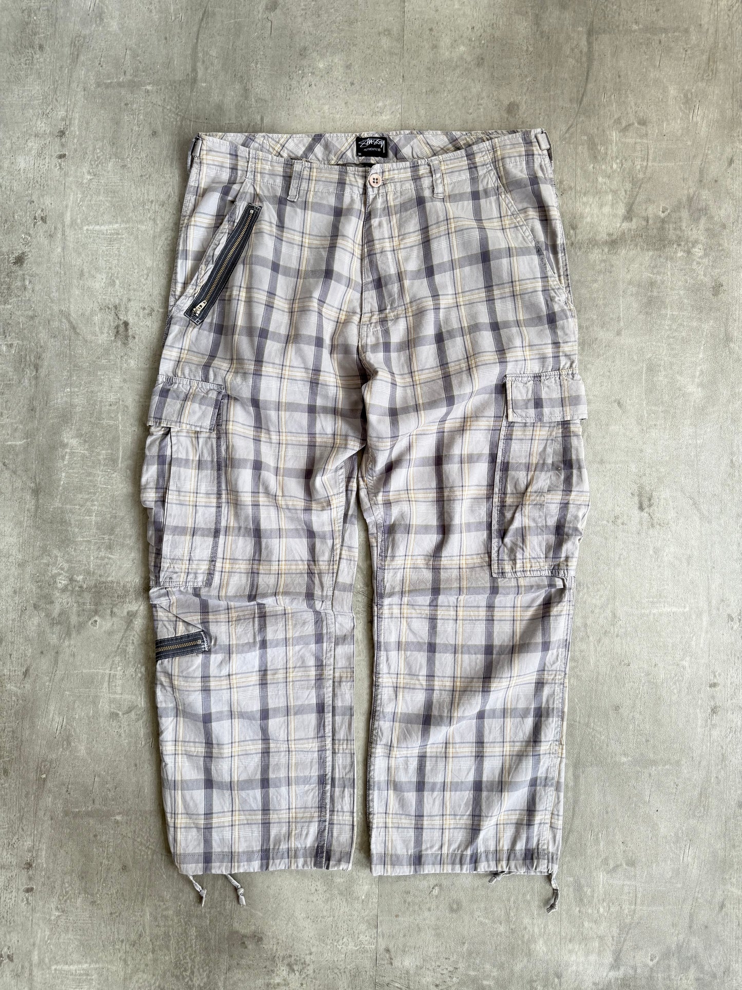 Stussy Grey Check Cotton Cargo Trousers