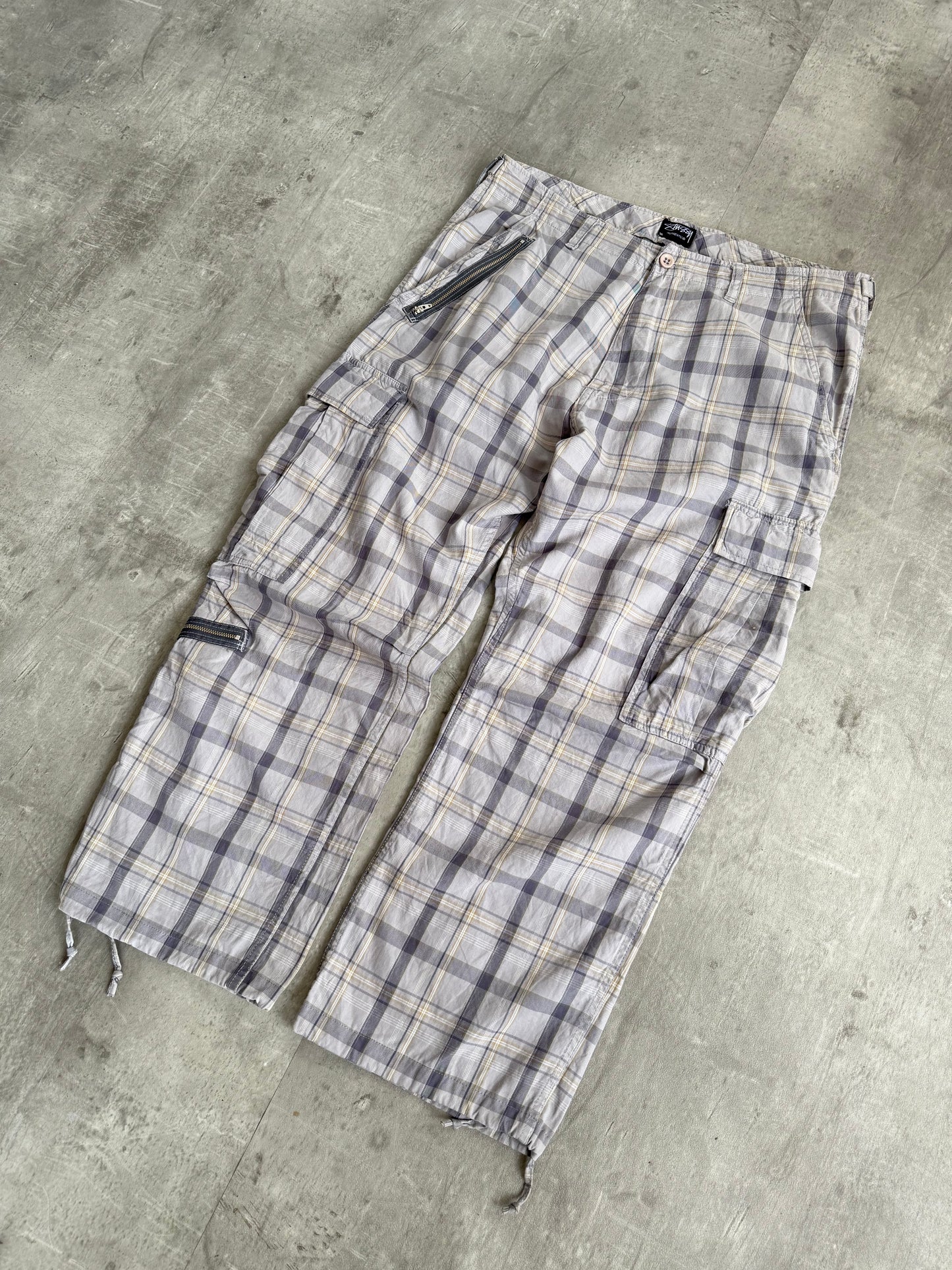 Stussy Grey Check Cotton Cargo Trousers