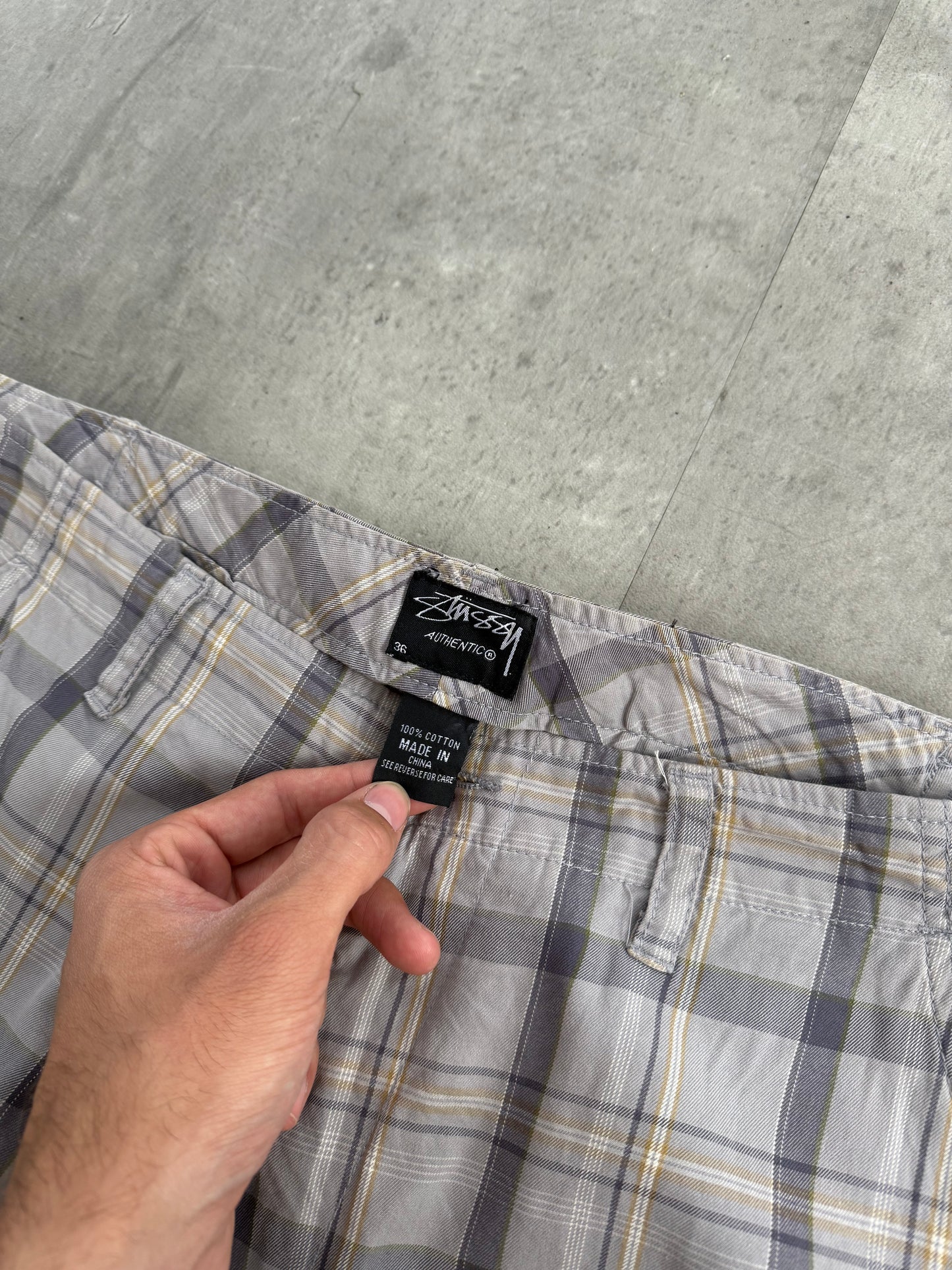 Stussy Grey Check Cotton Cargo Trousers