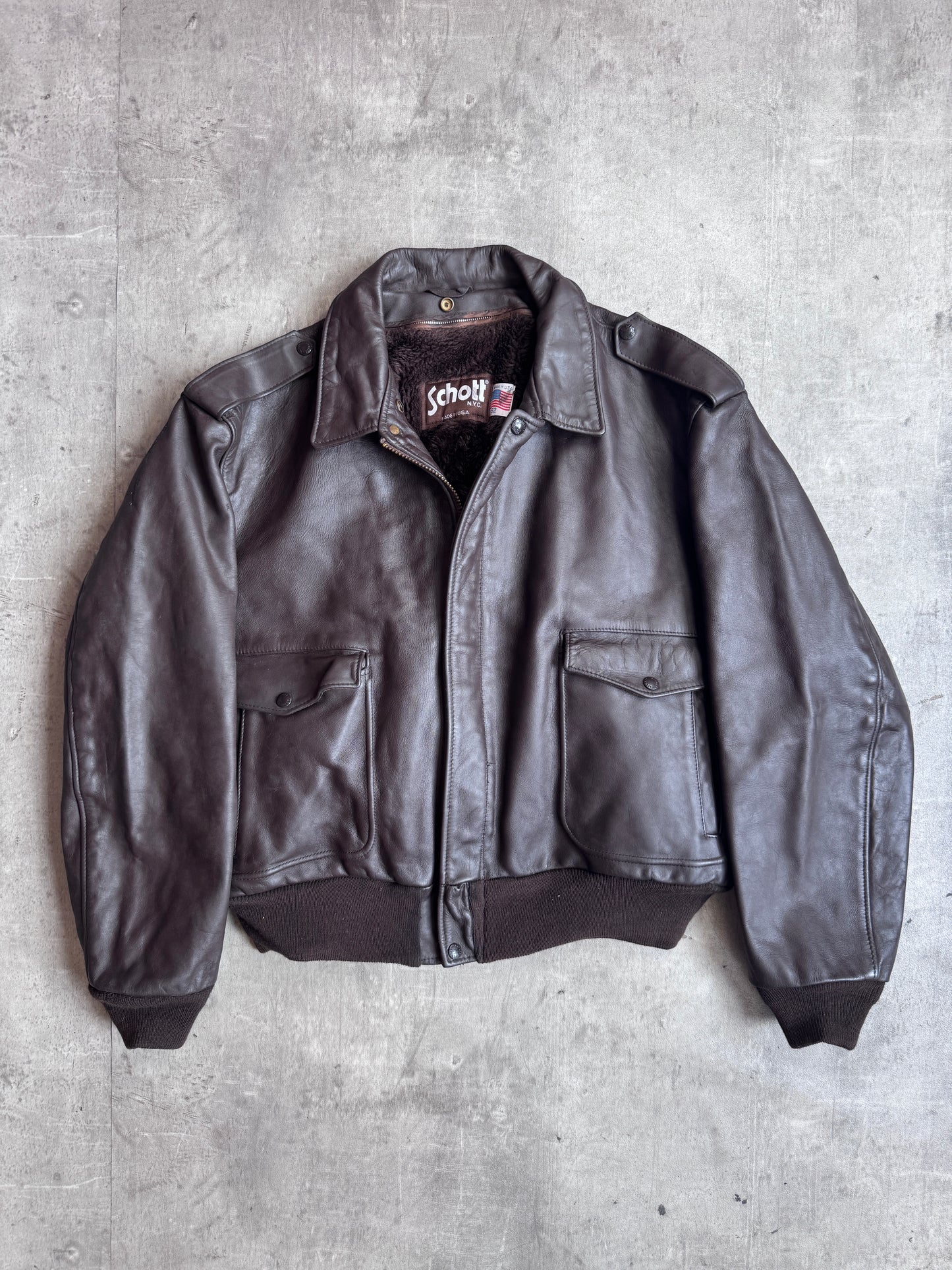 Schott Fleece Lined Brown Leather Flight Jacket