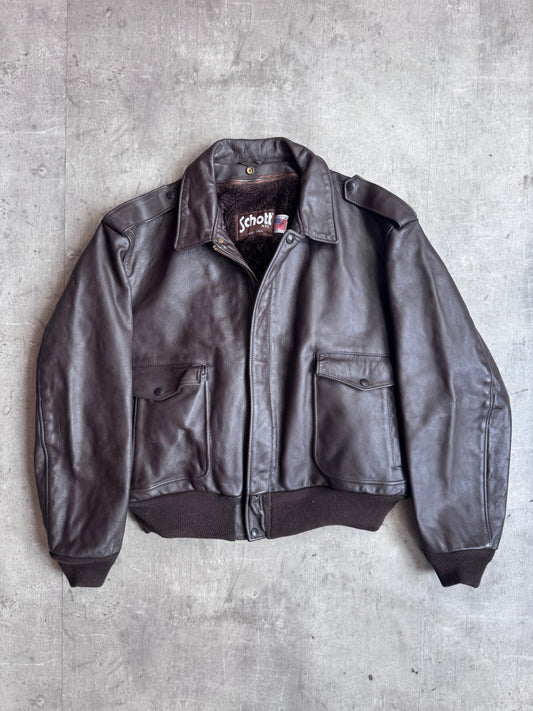 Schott Fleece Lined Brown Leather Flight Jacket