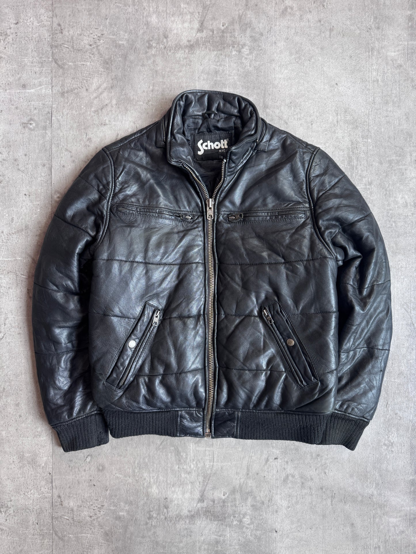 Schott Black Quilted Padded Leather Bomber Jacket