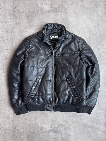 Schott Black Quilted Padded Leather Bomber Jacket