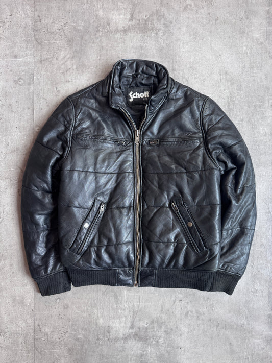 Schott Black Quilted Padded Leather Bomber Jacket