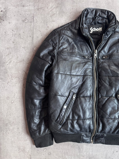 Schott Black Quilted Padded Leather Bomber Jacket