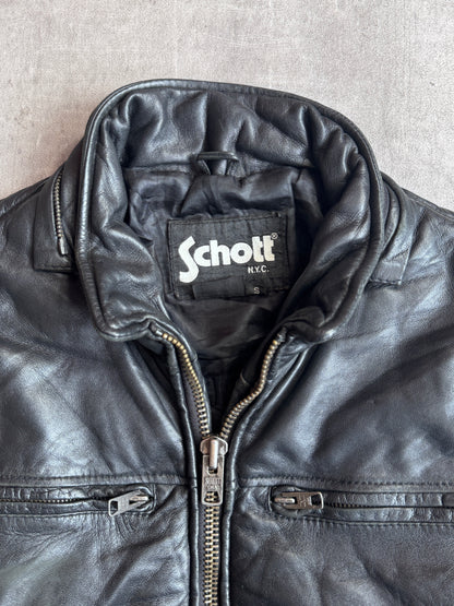 Schott Black Quilted Padded Leather Bomber Jacket