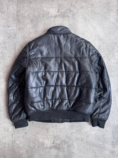 Schott Black Quilted Padded Leather Bomber Jacket