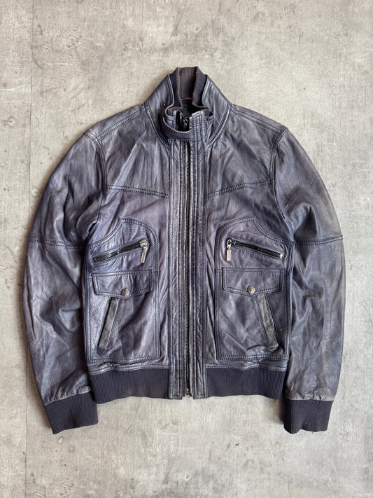 D&G Multi Zip Distressed Navy Leather Jacket
