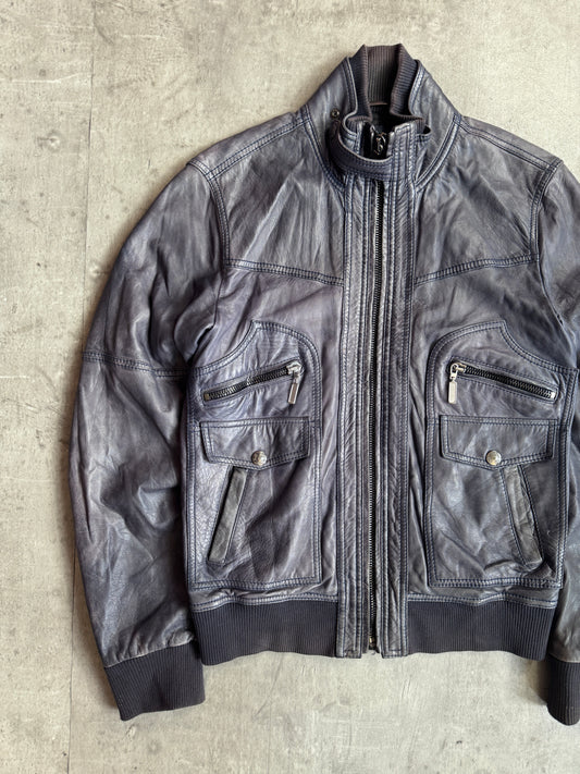 D&G Multi Zip Distressed Navy Leather Jacket