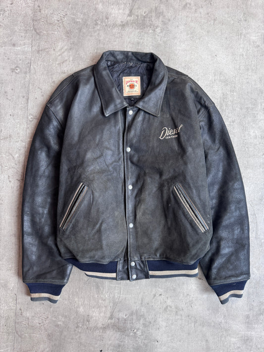 Diesel Black Button Down Leather Varsity Jacket