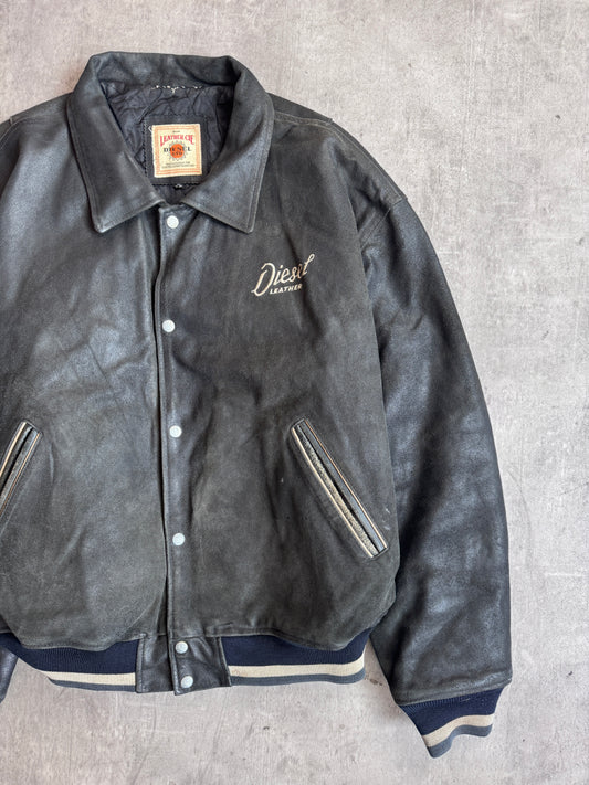 Diesel Black Button Down Leather Varsity Jacket