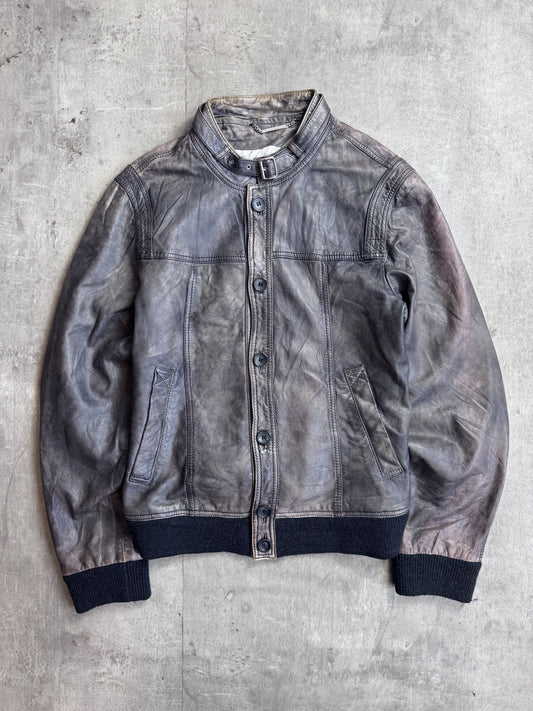 D&G Buckle Collar Button Down Distressed Leather Jacket