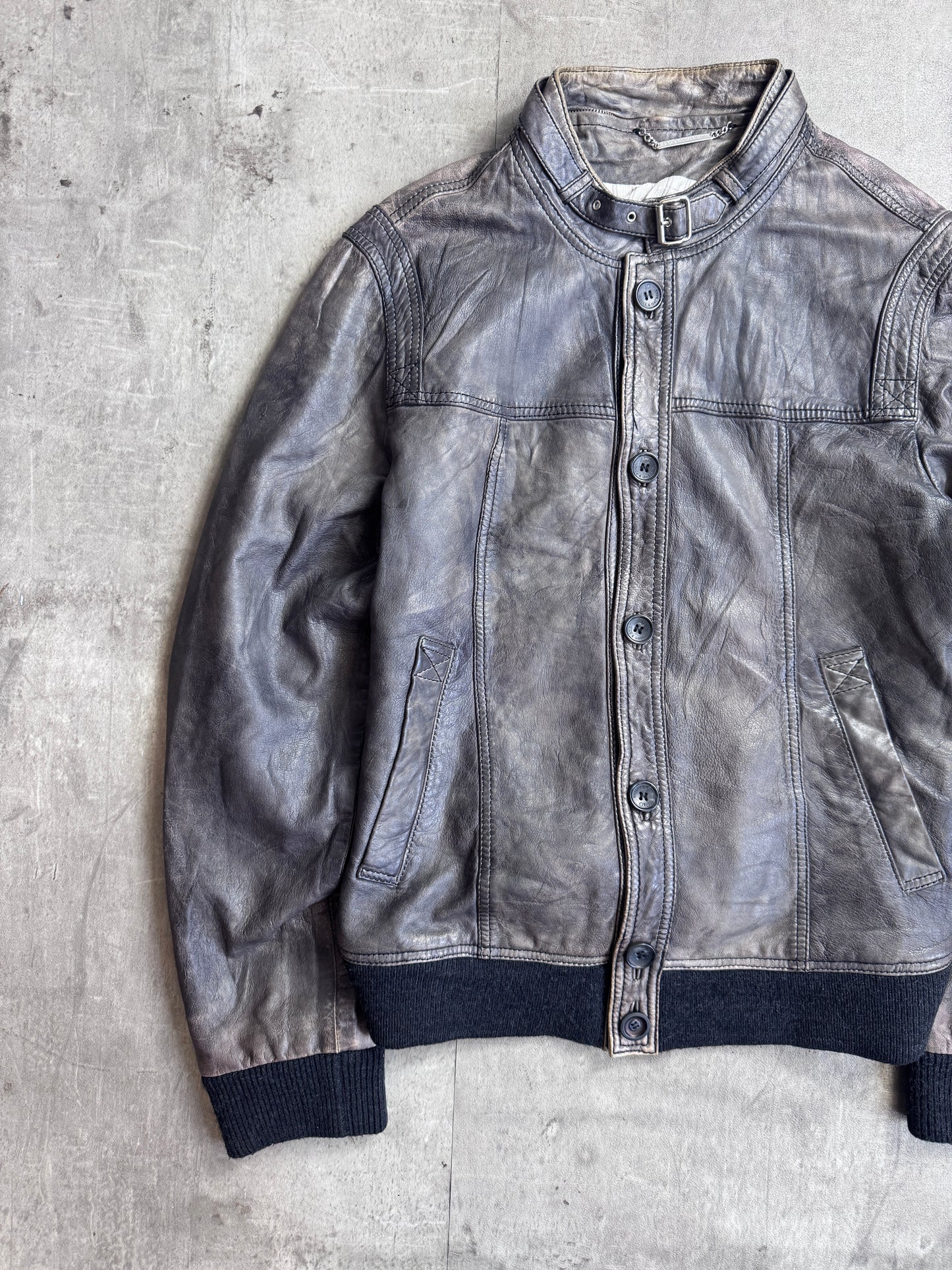 D&G Buckle Collar Button Down Distressed Leather Jacket