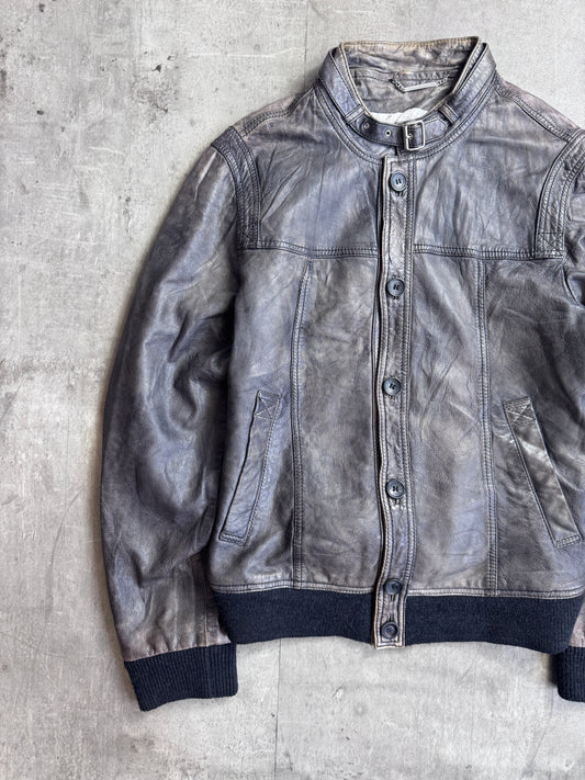 D&G Buckle Collar Button Down Distressed Leather Jacket