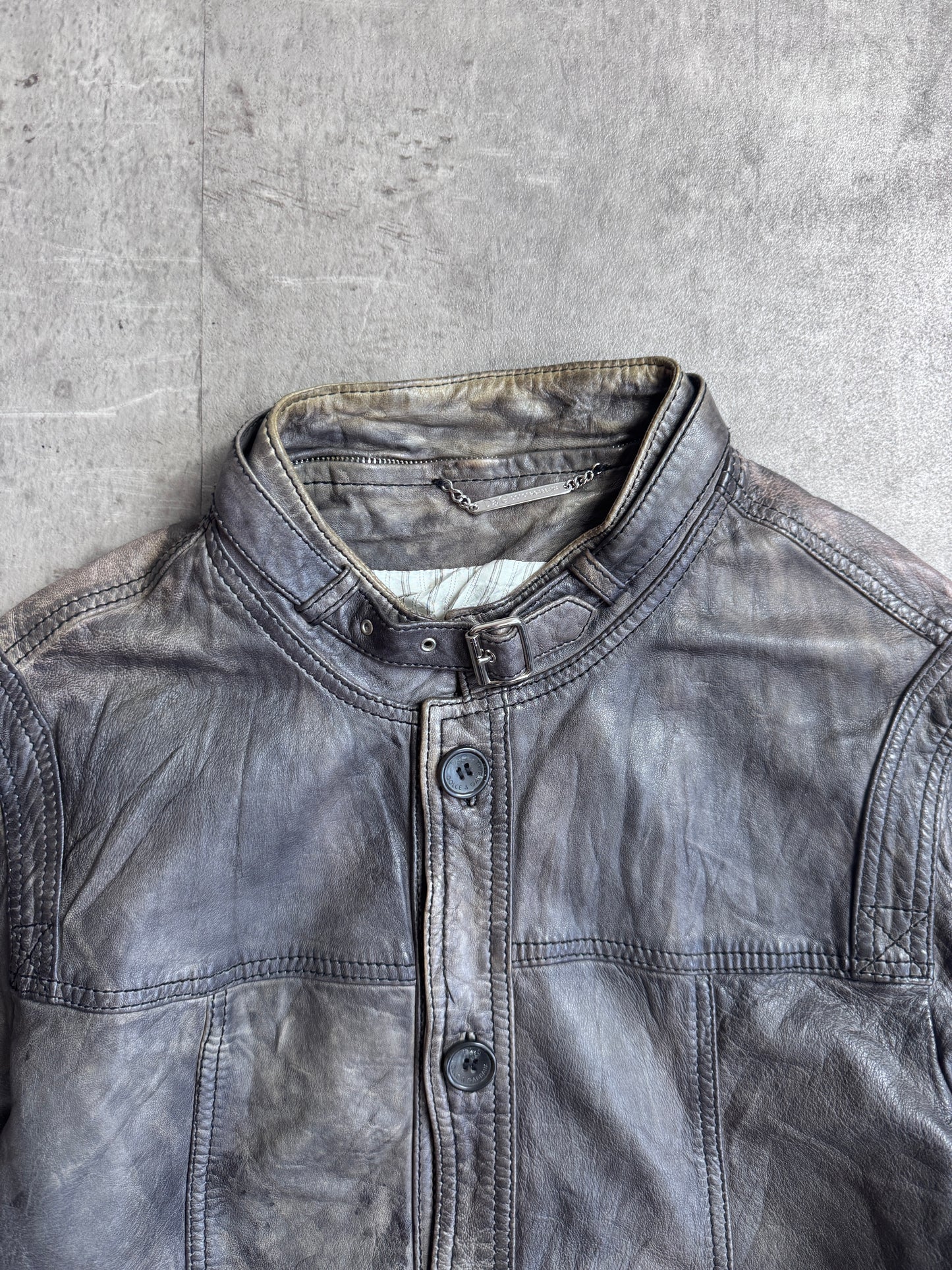 D&G Buckle Collar Button Down Distressed Leather Jacket