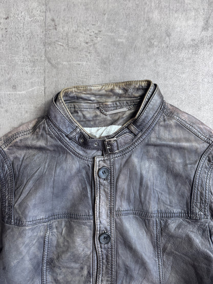 D&G Buckle Collar Button Down Distressed Leather Jacket