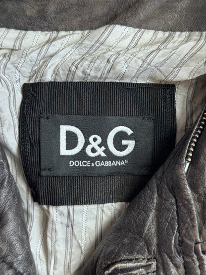 D&G Buckle Collar Button Down Distressed Leather Jacket