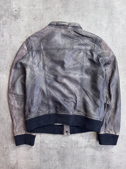 D&G Buckle Collar Button Down Distressed Leather Jacket