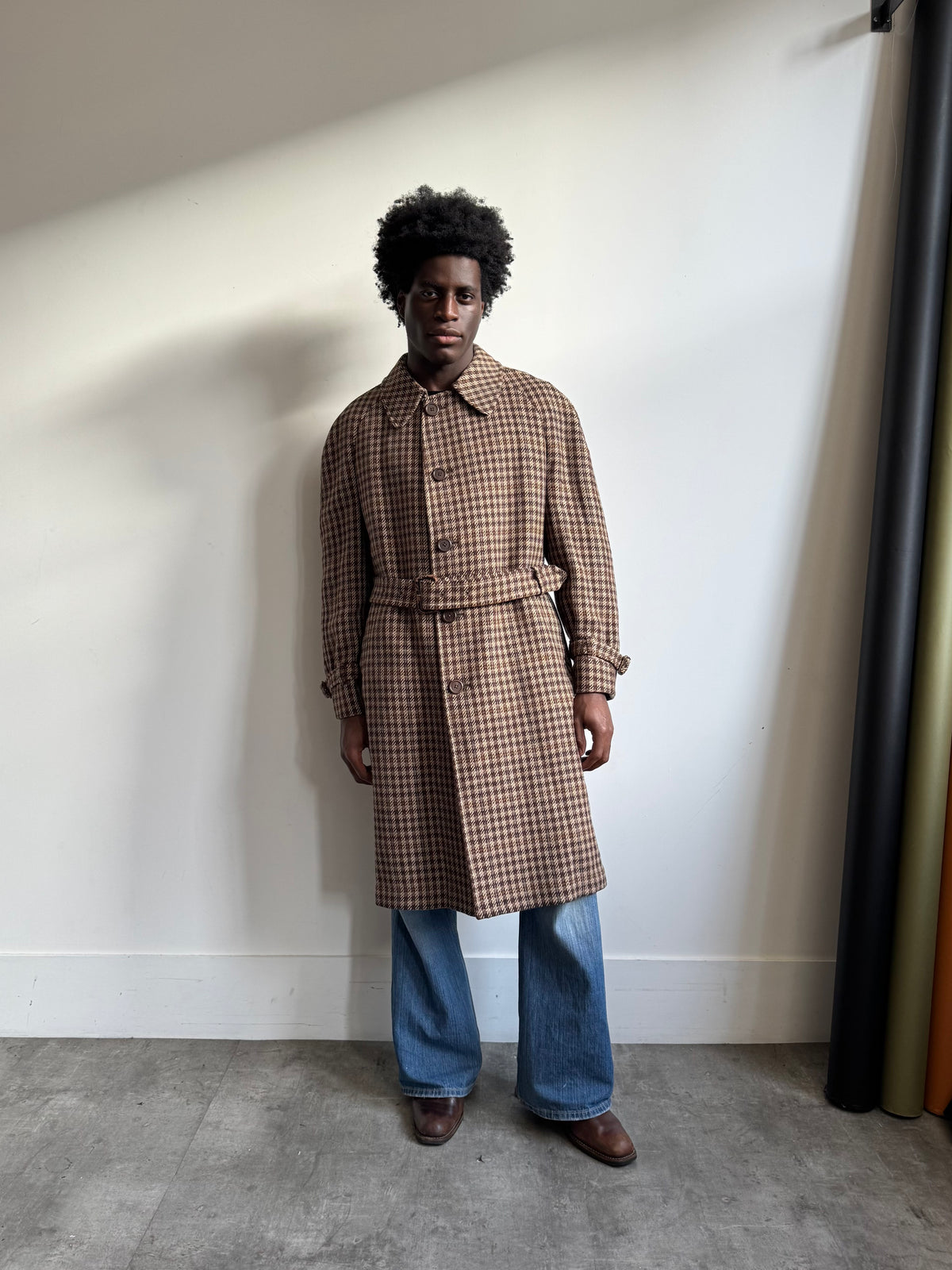 1980's Aquascutum Brown Houndstooth Tweed Belted Overcoat