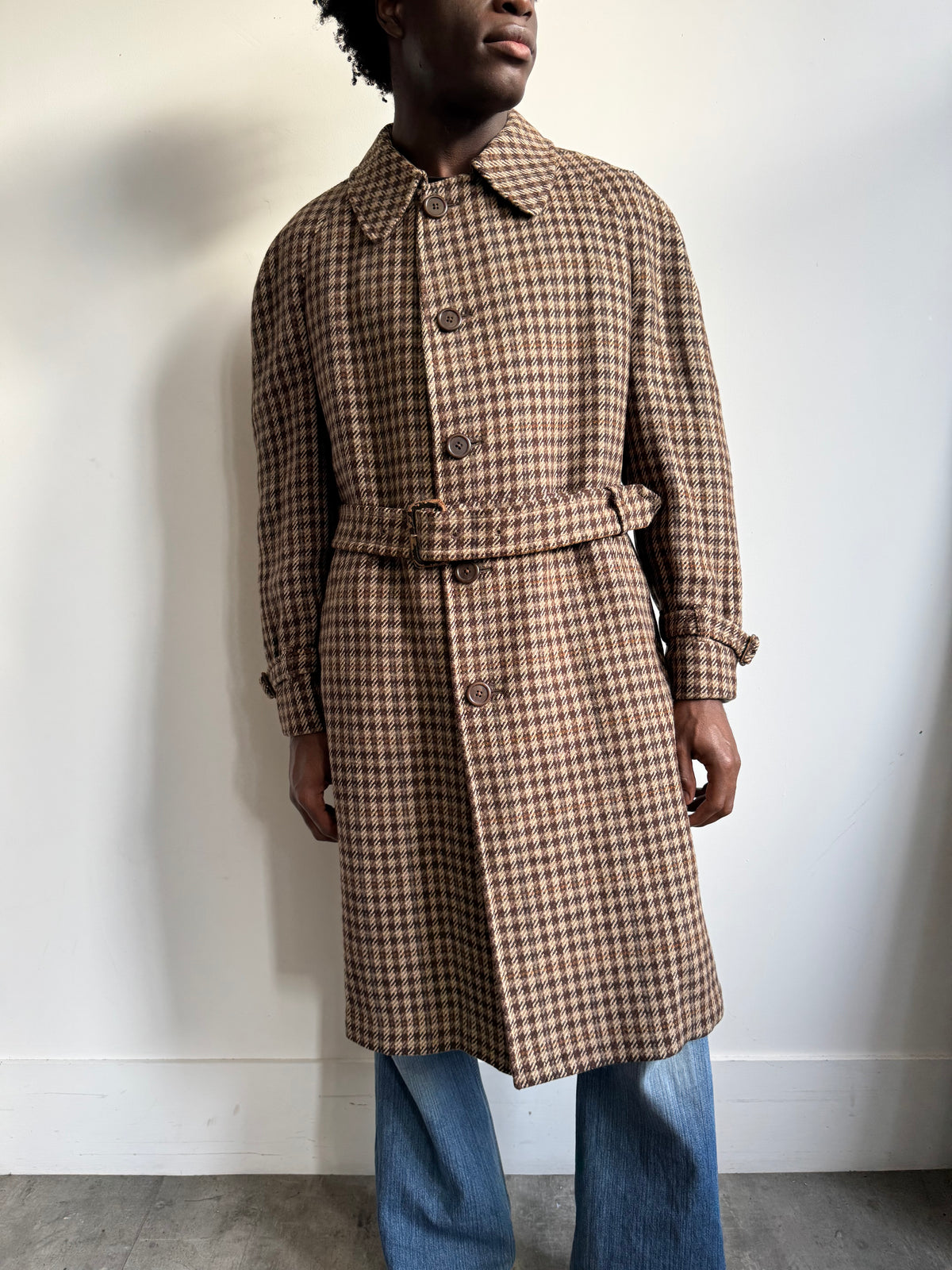 1980's Aquascutum Brown Houndstooth Tweed Belted Overcoat