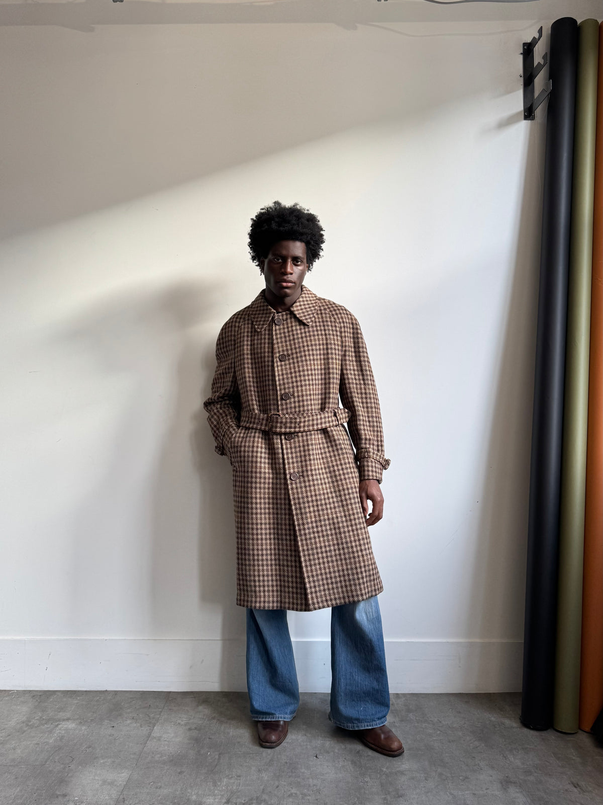 1980's Aquascutum Brown Houndstooth Tweed Belted Overcoat