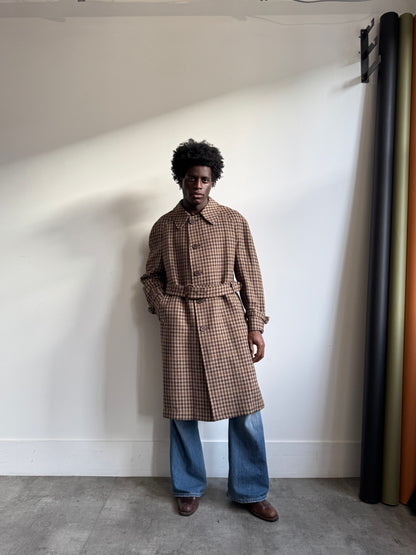 1980's Aquascutum Brown Houndstooth Tweed Belted Overcoat