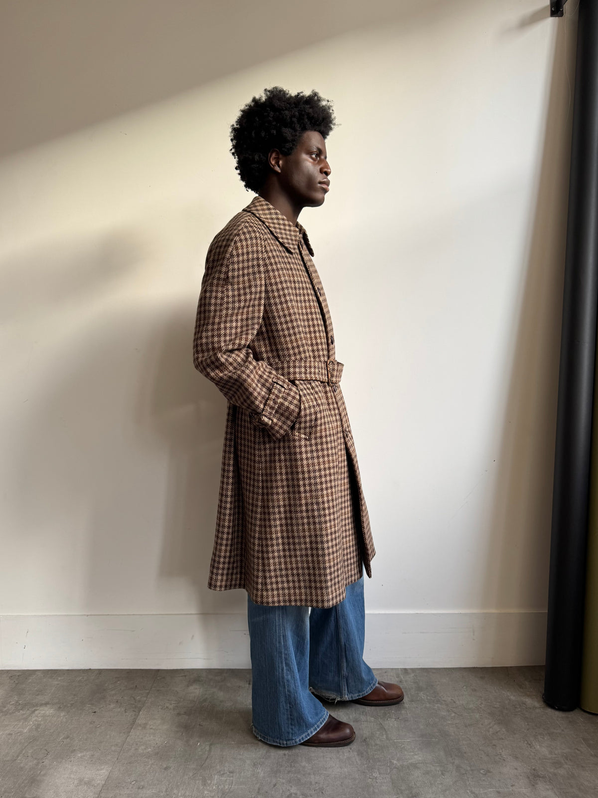 1980's Aquascutum Brown Houndstooth Tweed Belted Overcoat