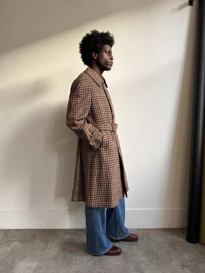 1980's Aquascutum Brown Houndstooth Tweed Belted Overcoat