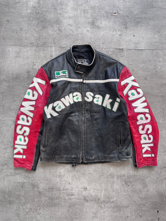 1990s Kawasaki Two Tone Spellout Moto Racing Leather Jacket