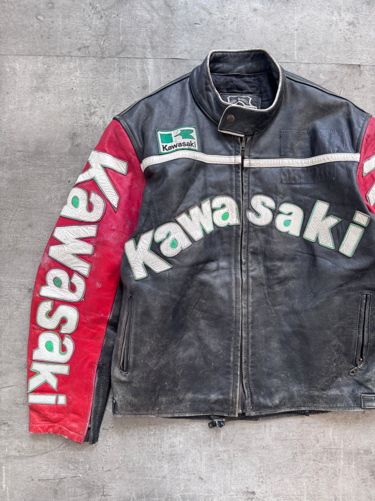 1990s Kawasaki Two Tone Spellout Moto Racing Leather Jacket