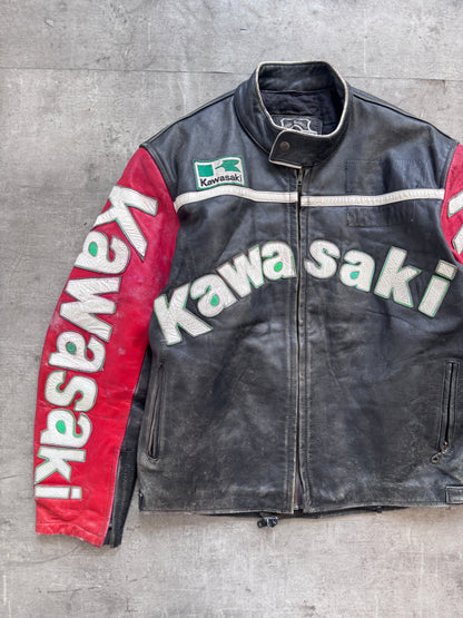 1990s Kawasaki Two Tone Spellout Moto Racing Leather Jacket