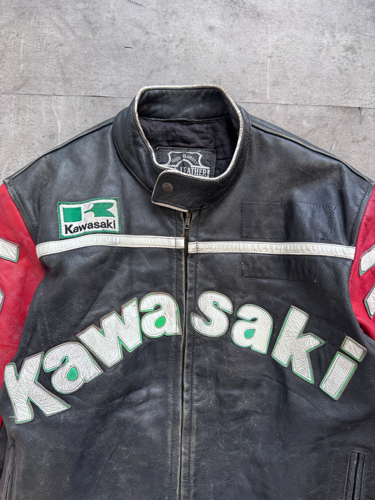 1990s Kawasaki Two Tone Spellout Moto Racing Leather Jacket