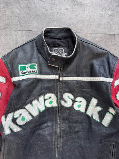 1990s Kawasaki Two Tone Spellout Moto Racing Leather Jacket